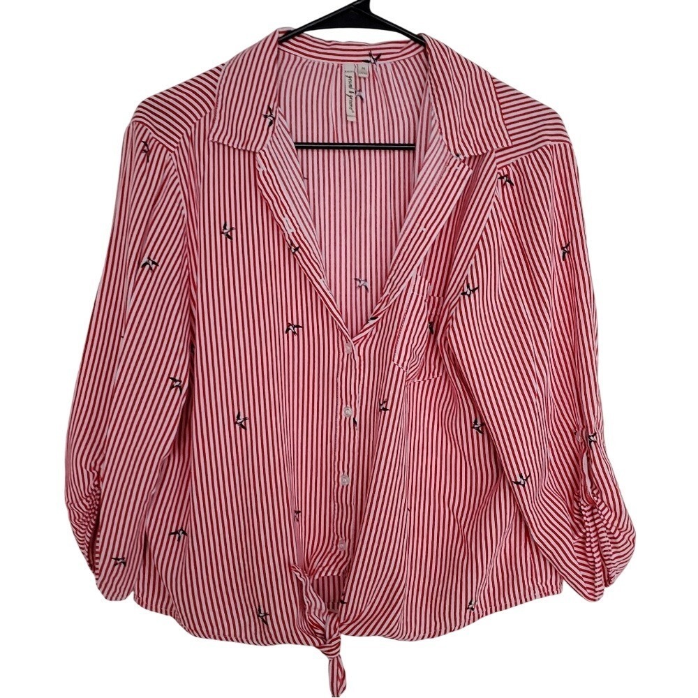 Grand & Greene Red Striped Button Up Tie Front Casual Lightweight Shirt SZ:M